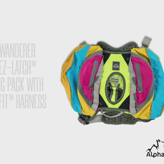 Blue Yellow Pink and Gray Wanderer EZ Latch Dog Pack with Harness