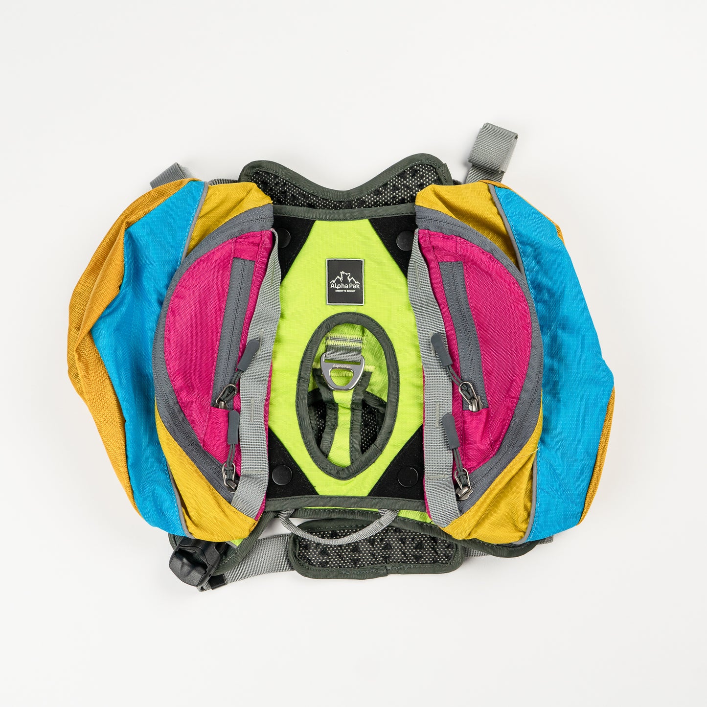 Blue Yellow Pink and Gray Wanderer EZ Latch Dog Pack with Harness