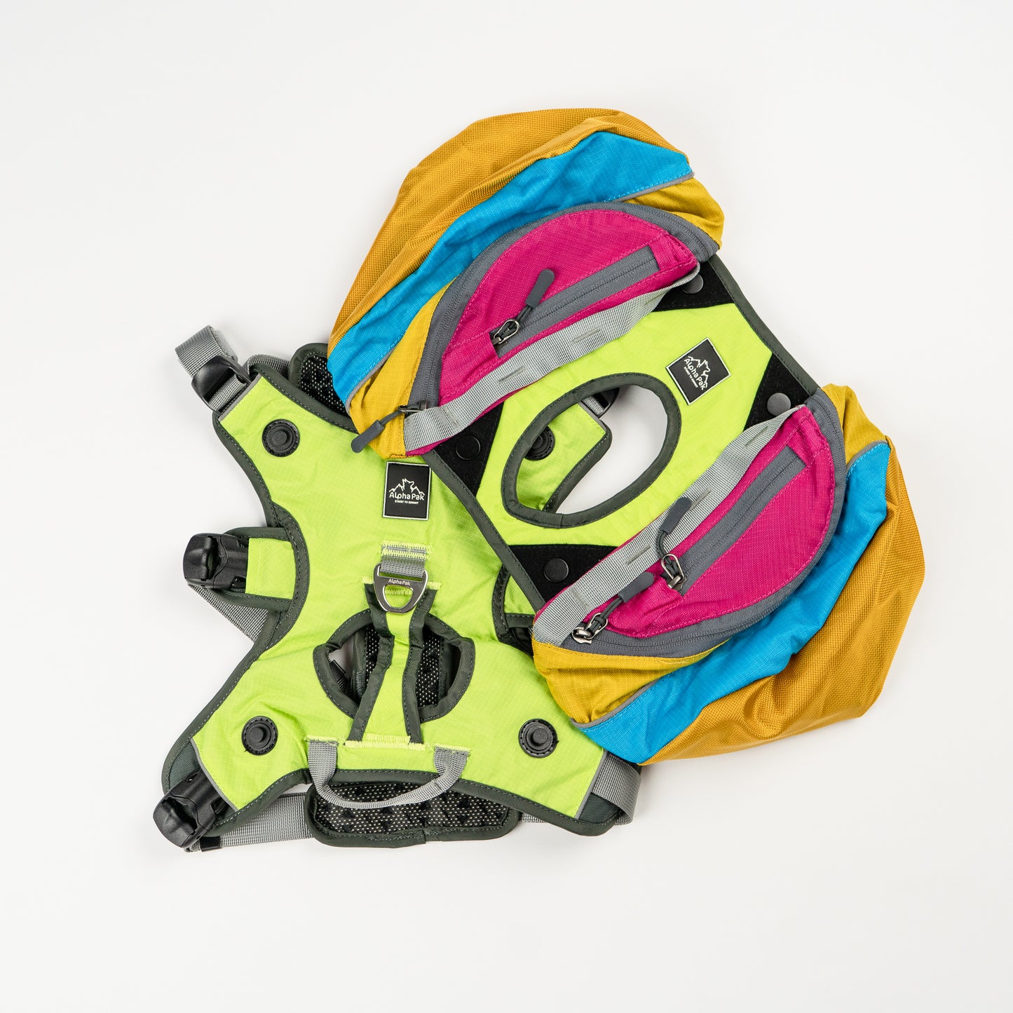Blue Yellow Pink and Gray Wanderer EZ Latch Dog Pack with Harness