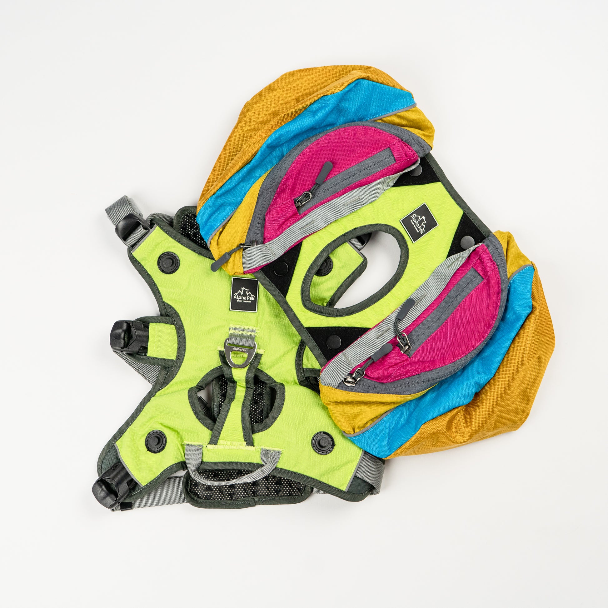 Blue Yellow Pink and Gray Wanderer EZ Latch Dog Pack with Harness
