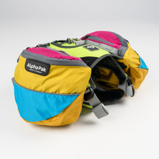 Blue Yellow Pink and Gray Wanderer EZ Latch Dog Pack with Harness