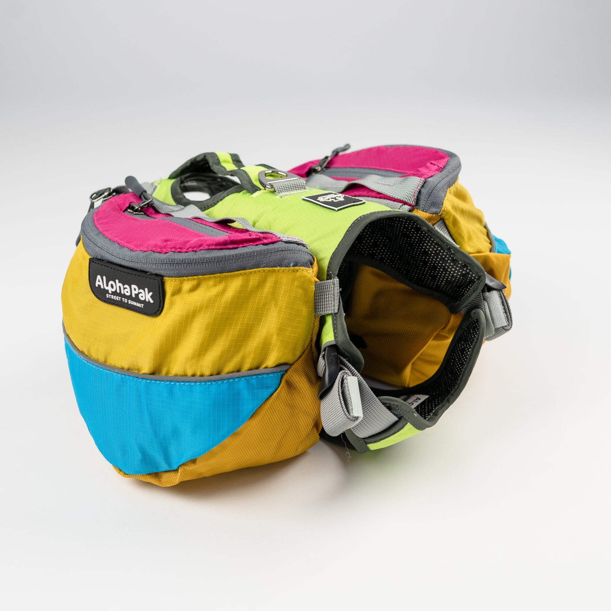 Wanderer Blue Pink Yellow and Gray Dog Pack with Harness