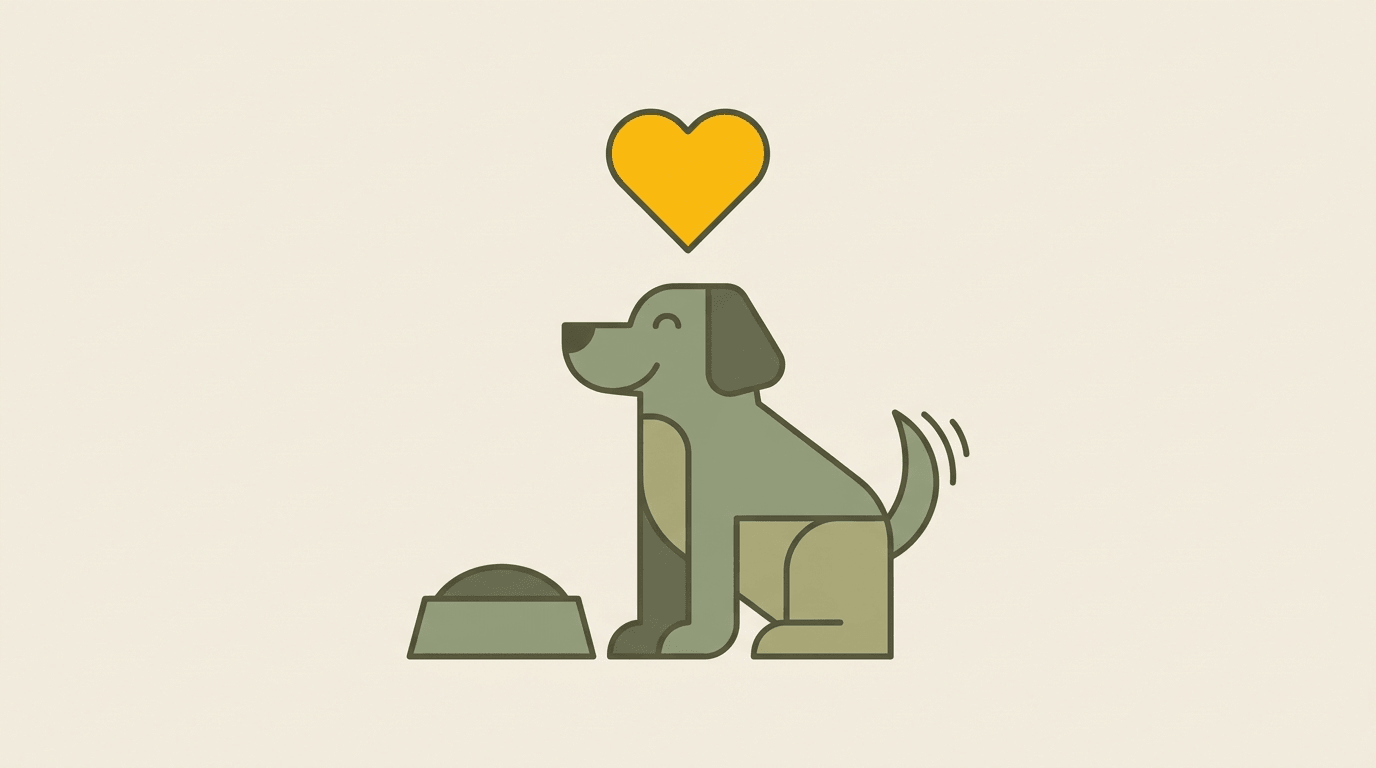Flat illustration of a happy content dog sitting beside its food bowl with a heart above it