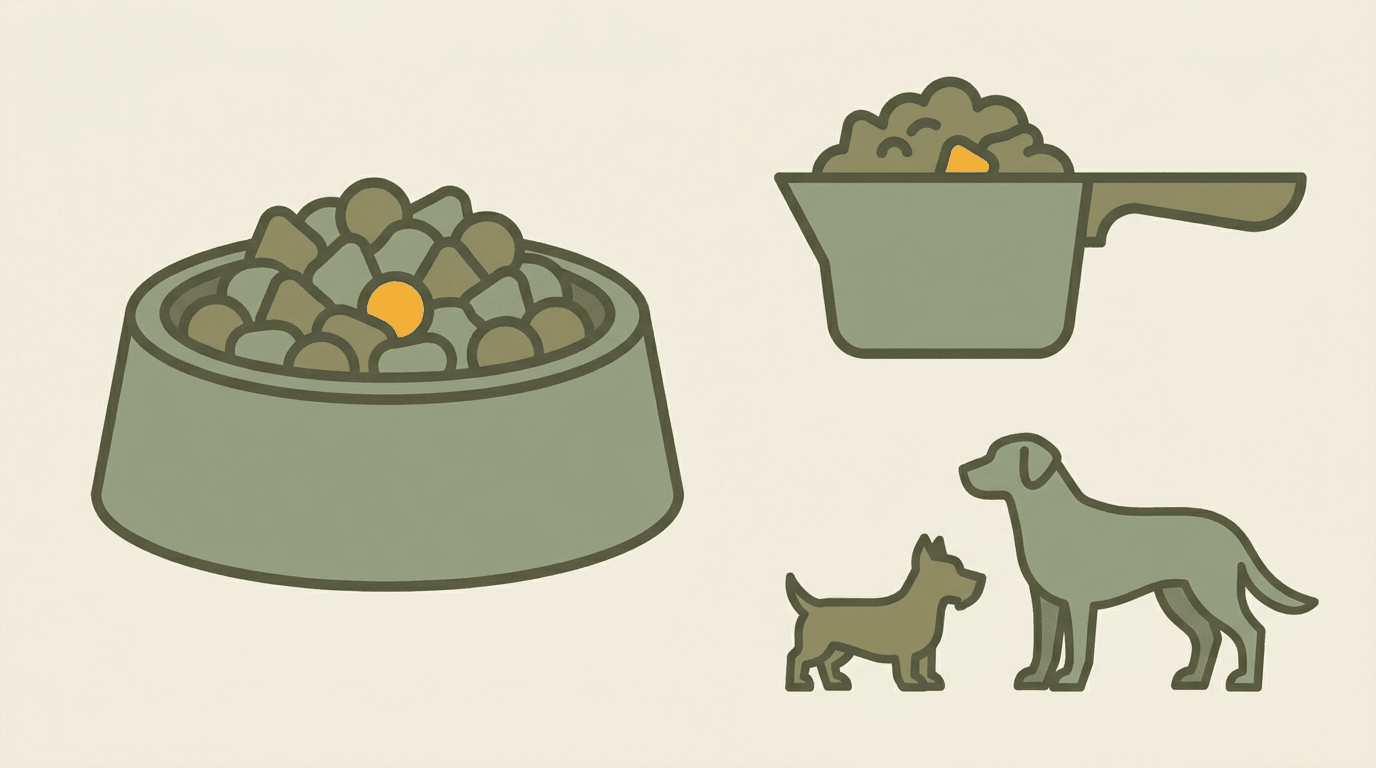 Flat illustration of a food bowl and a measuring scoop beside a small dog and a larger dog, showing that serving size scales with weight