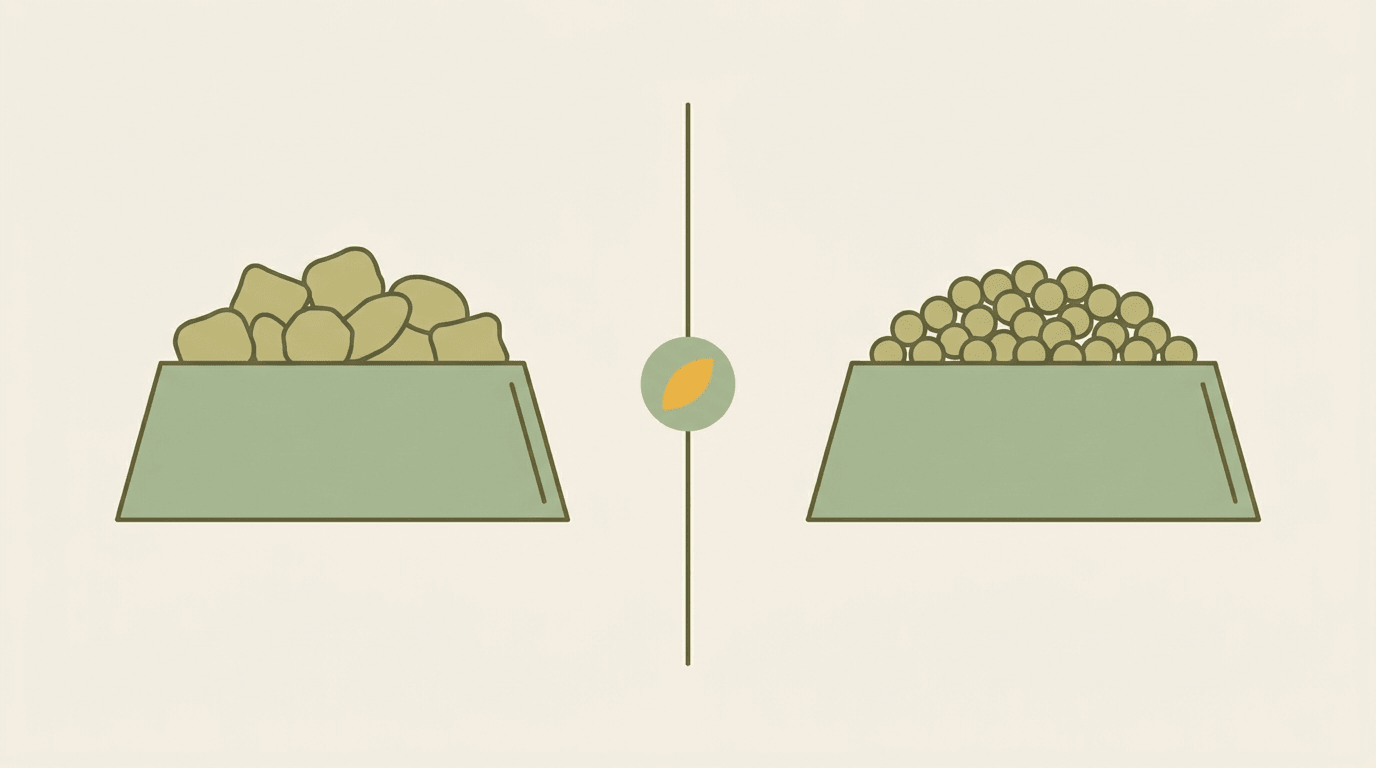 Flat illustration comparing two food bowls side by side: whole freeze-dried nuggets on the left, uniform kibble pellets on the right, split by a divider