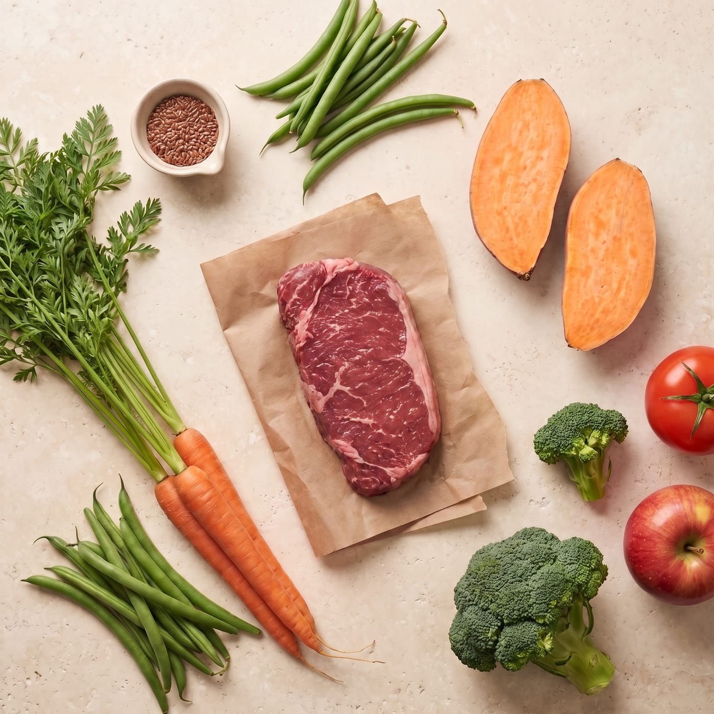 Whole-food ingredients on stone: beef, carrots, green beans, sweet potato, broccoli, tomato, apple, flaxseed