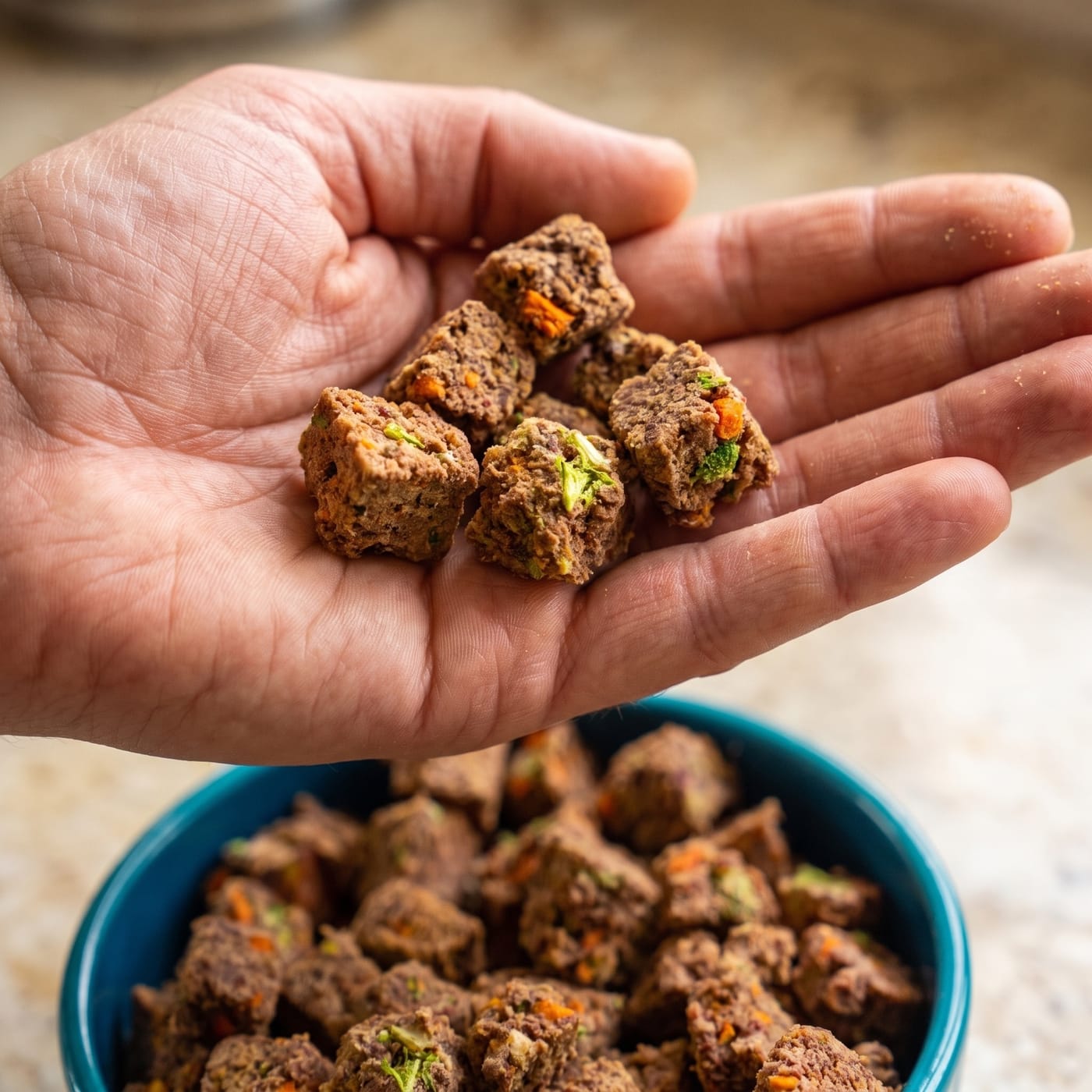 Freeze-dried raw cubes with visible carrot and broccoli held in an open hand